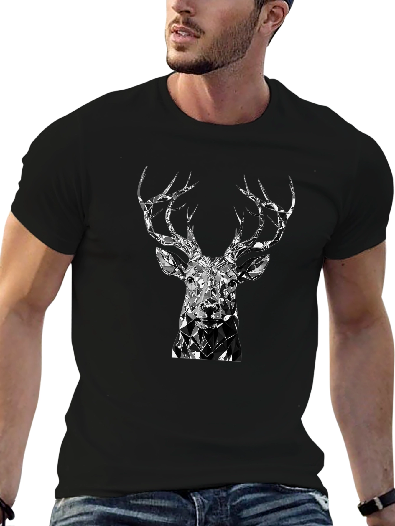 Geometric Deer Head Black T-Shirt
