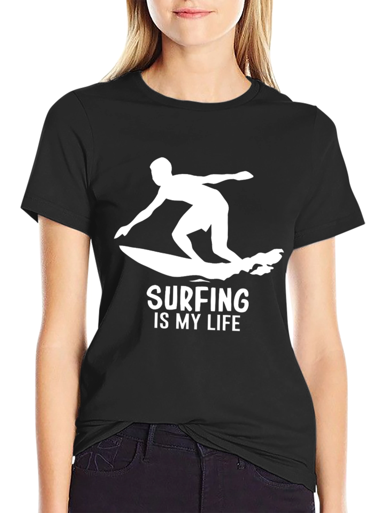 Surfing is My Life Black Cotton T-Shirt