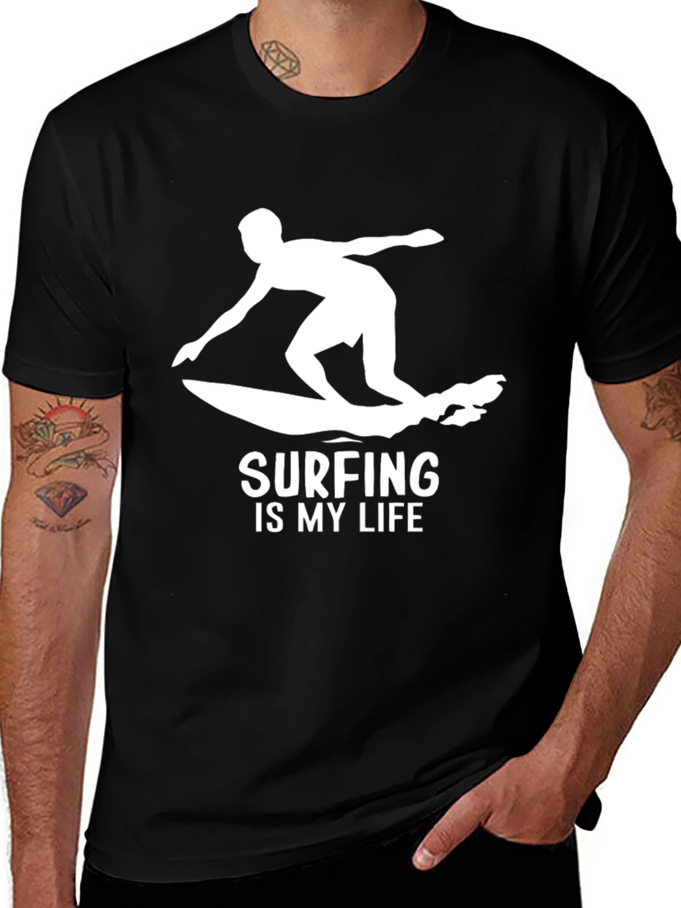 Surfing is My Life Black Cotton T-Shirt