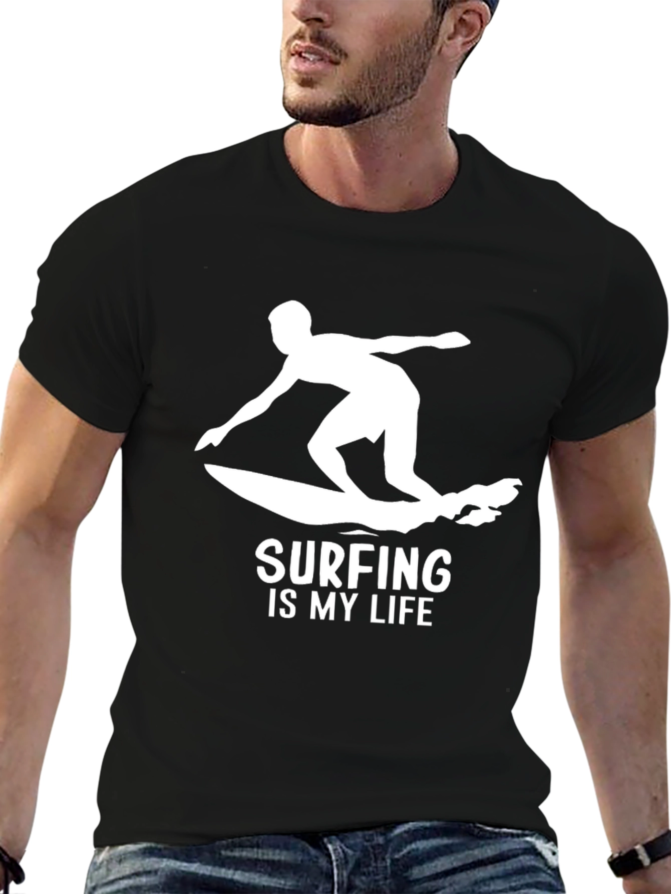 Surfing is My Life Black Cotton T-Shirt