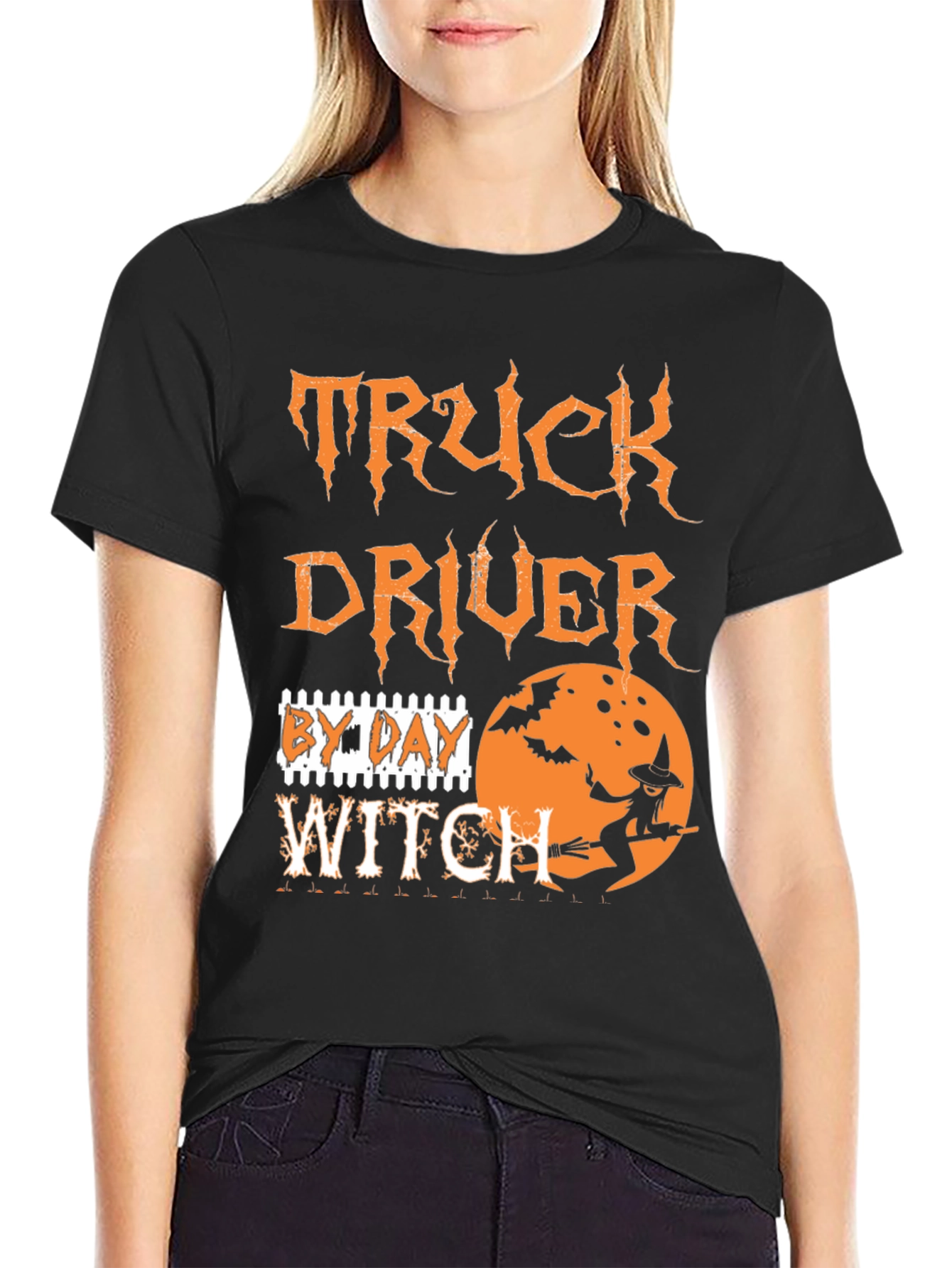 Truck Driver By Day Witch Halloween Graphic Tee