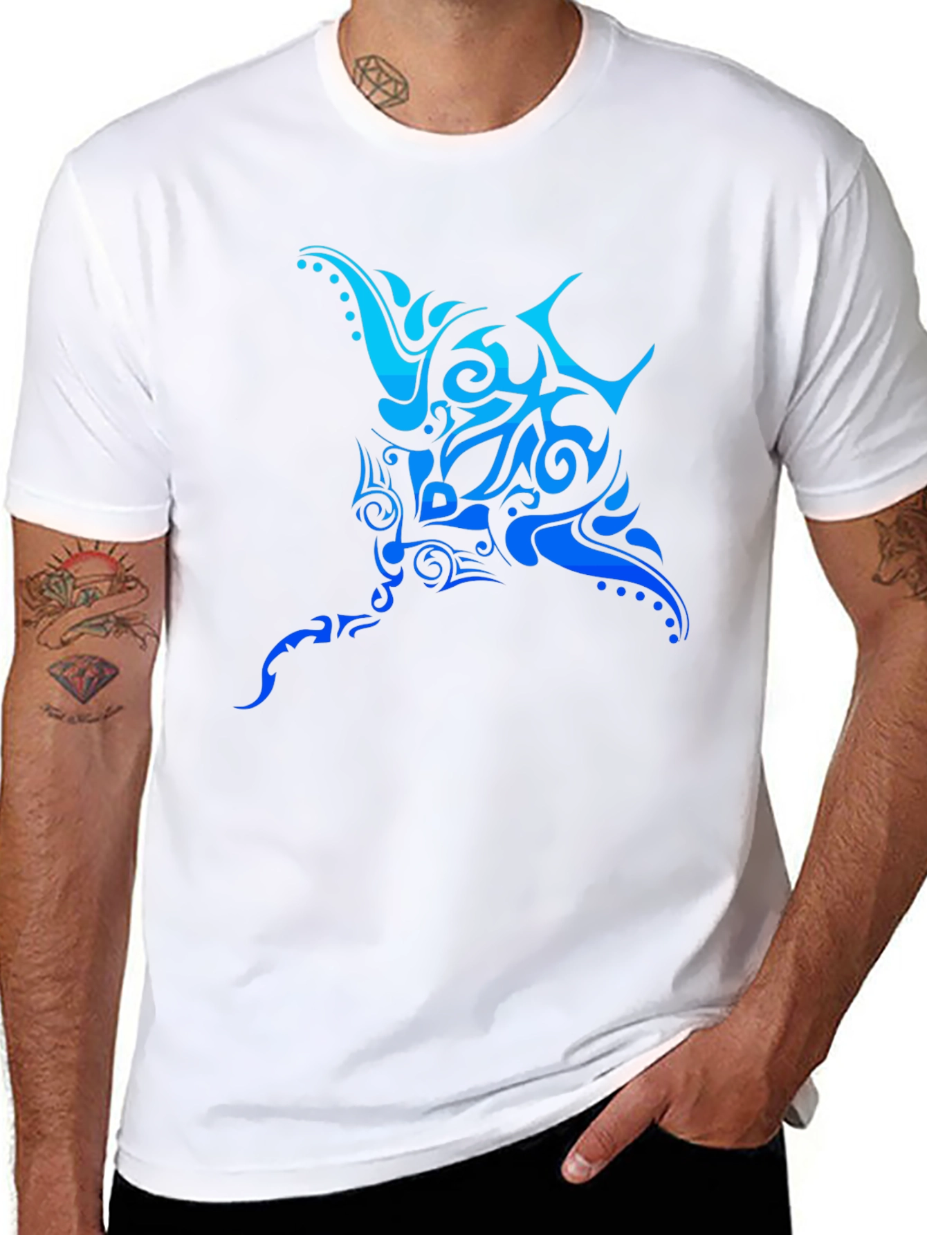 Tribal Manta Ray Graphic Tee - Black Cotton T-Shirt