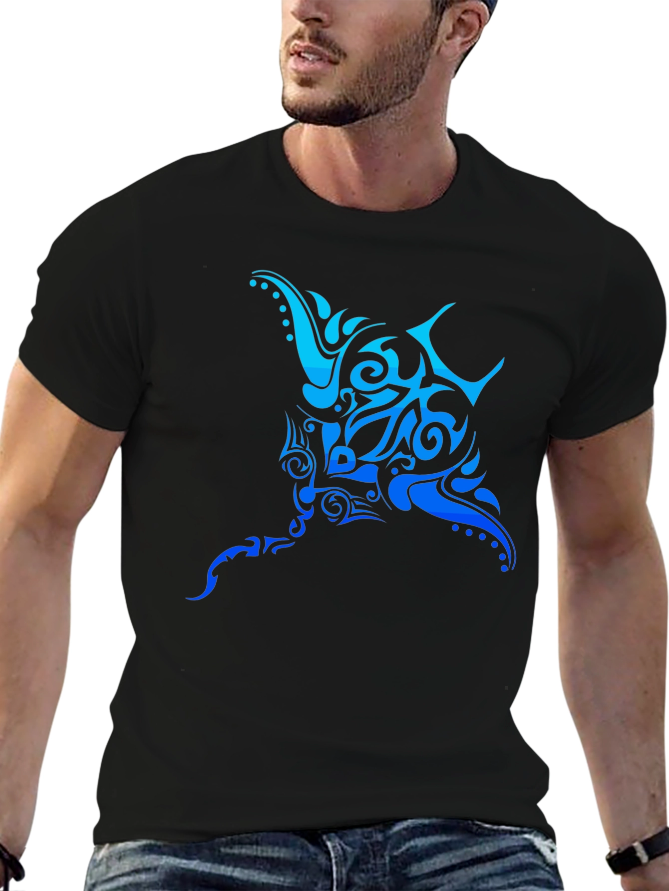 Tribal Manta Ray Graphic Tee - Black Cotton T-Shirt