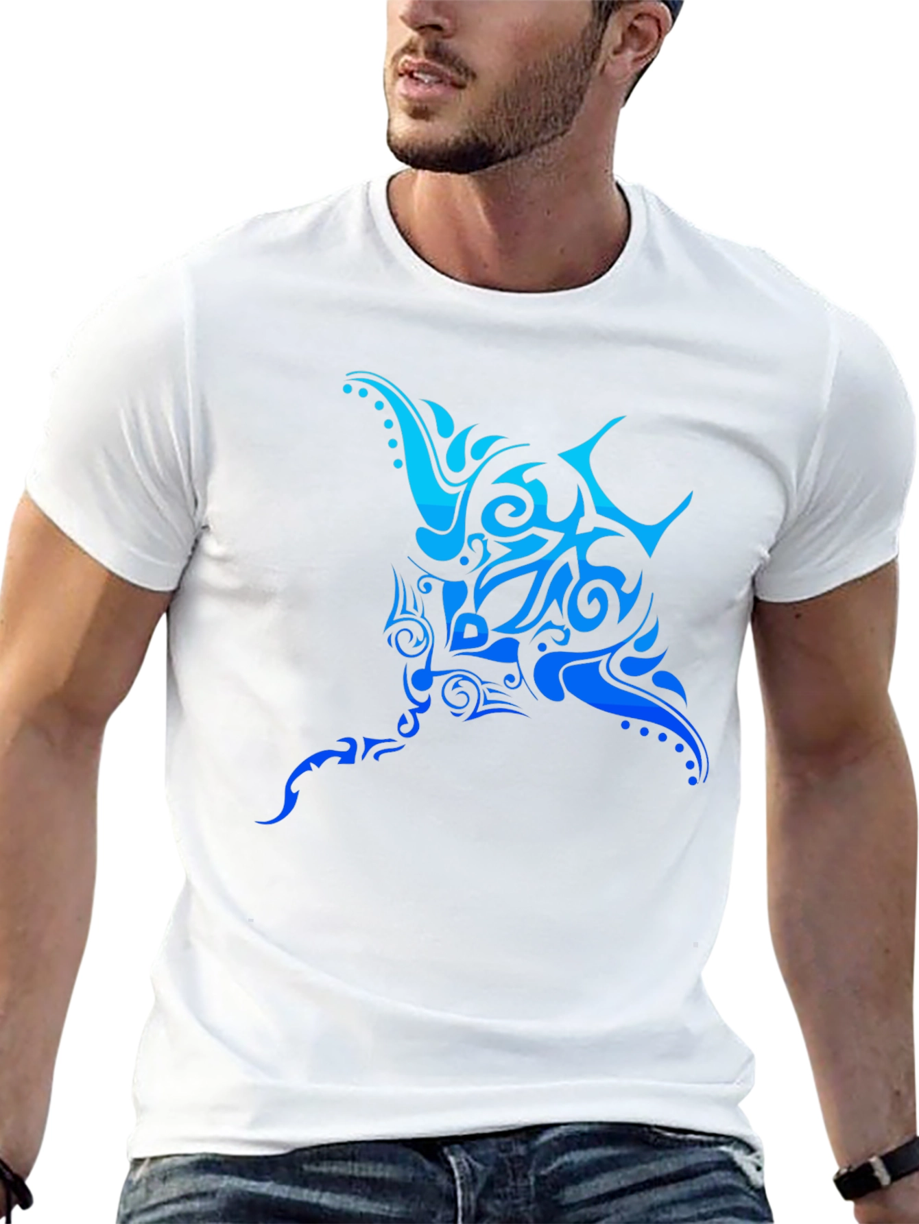 Tribal Manta Ray Graphic Tee - Black Cotton T-Shirt