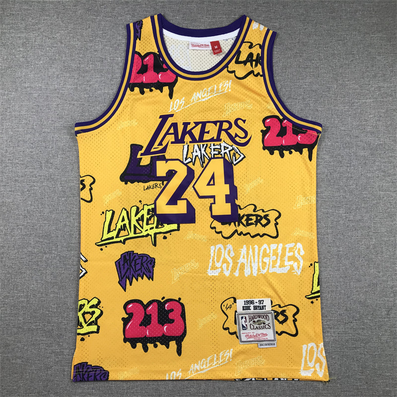 Men's Los Angeles Lakers Kobe Bryant #24 Yellow Swingman Graffiti Edition Jerseys