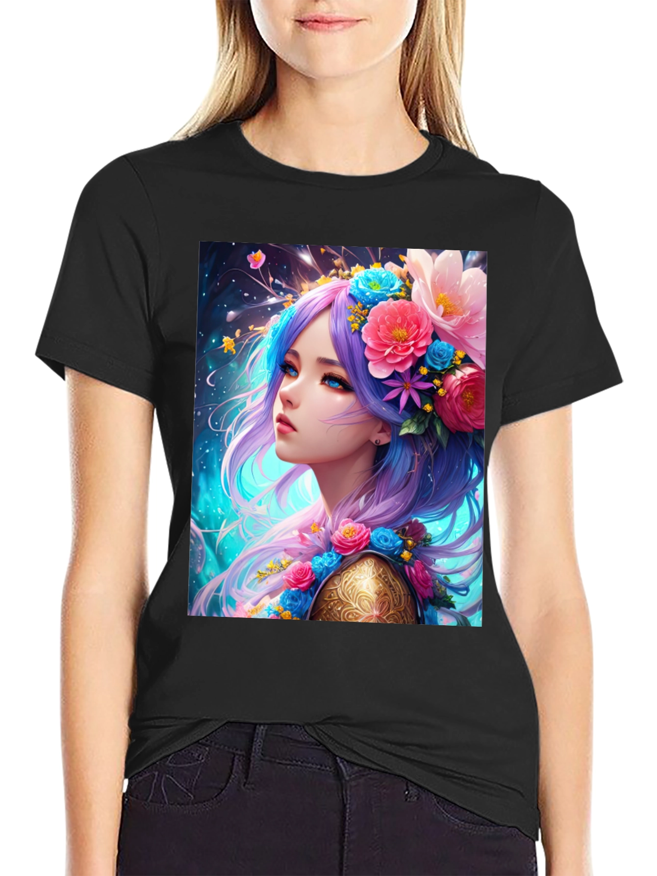 Floral Maiden Graphic Tee - Unique Fantasy Art