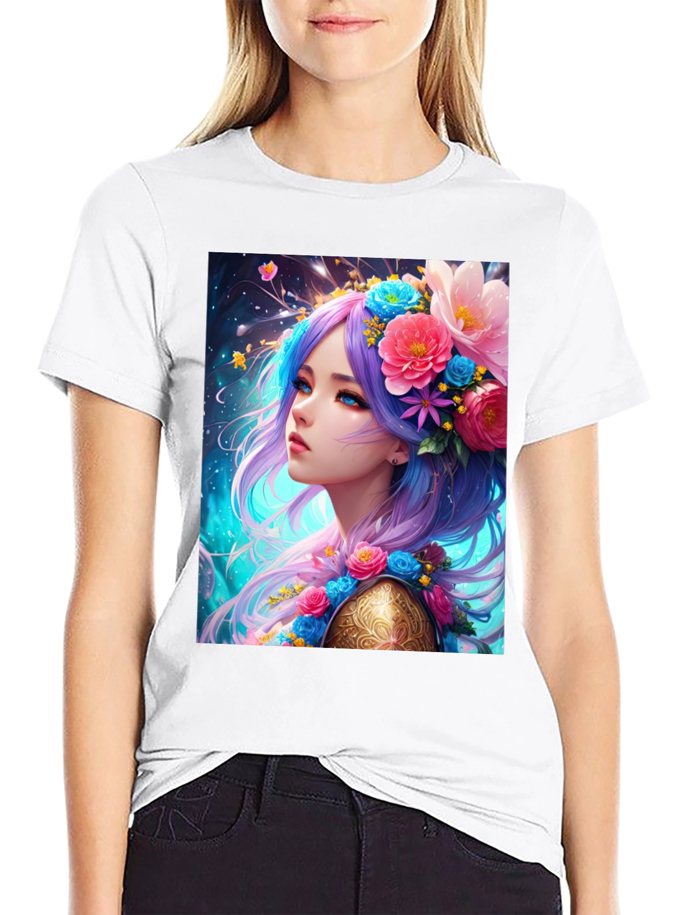 Floral Maiden Graphic Tee - Unique Fantasy Art