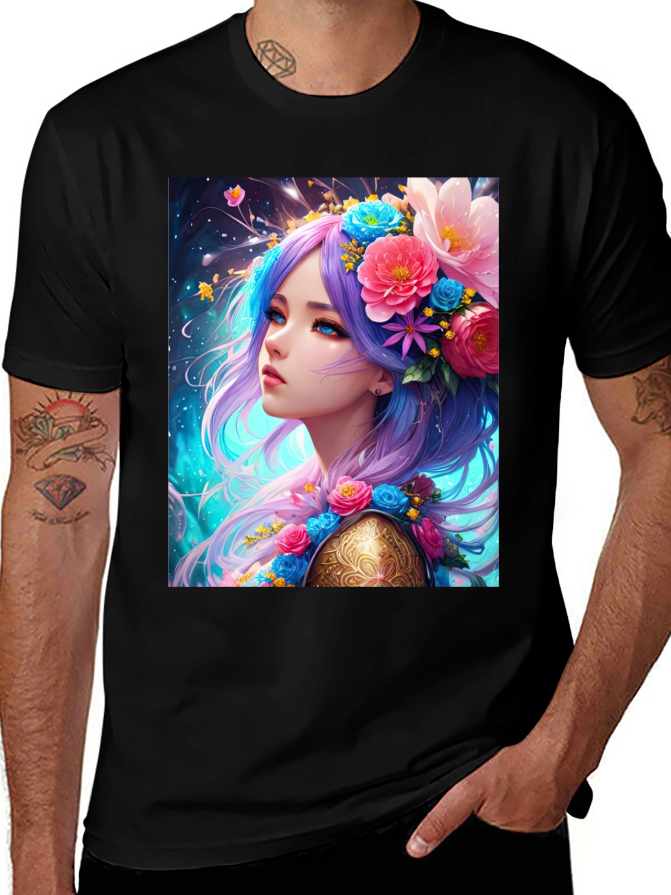 Floral Maiden Graphic Tee - Unique Fantasy Art