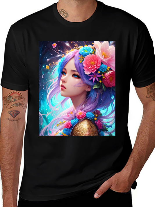 Floral Maiden Graphic Tee - Unique Fantasy Art