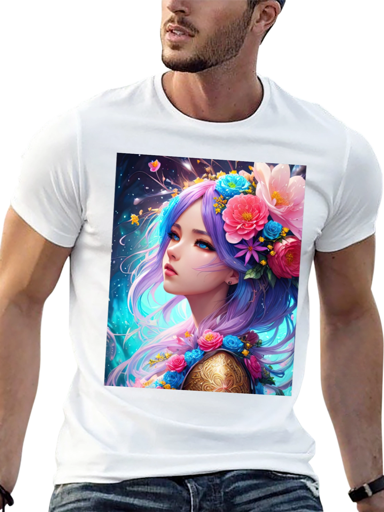 Floral Maiden Graphic Tee - Unique Fantasy Art