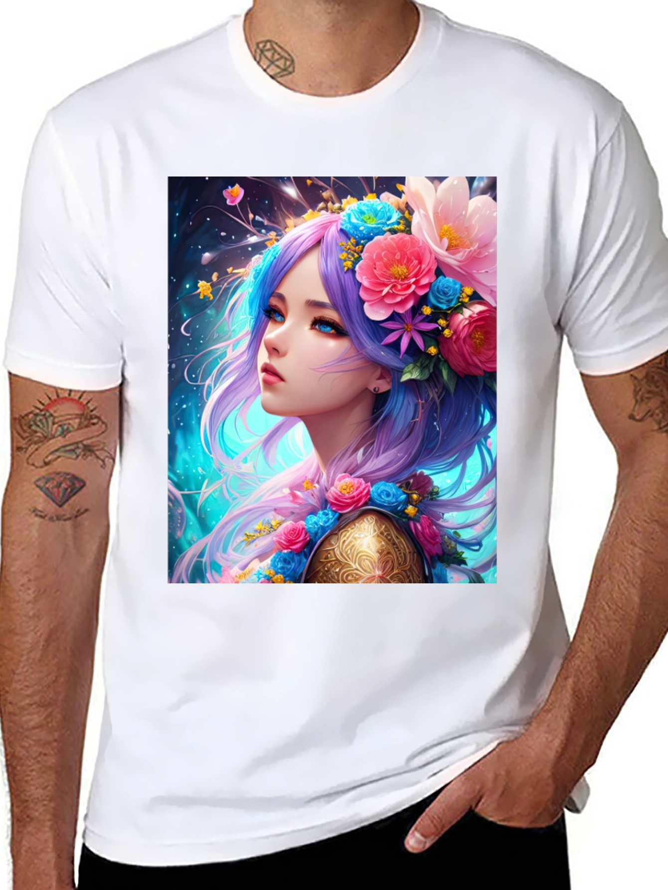 Floral Maiden Graphic Tee - Unique Fantasy Art
