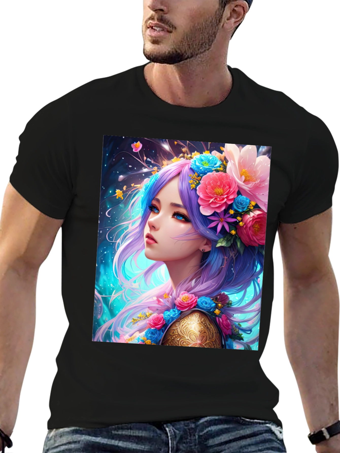 Floral Maiden Graphic Tee - Unique Fantasy Art