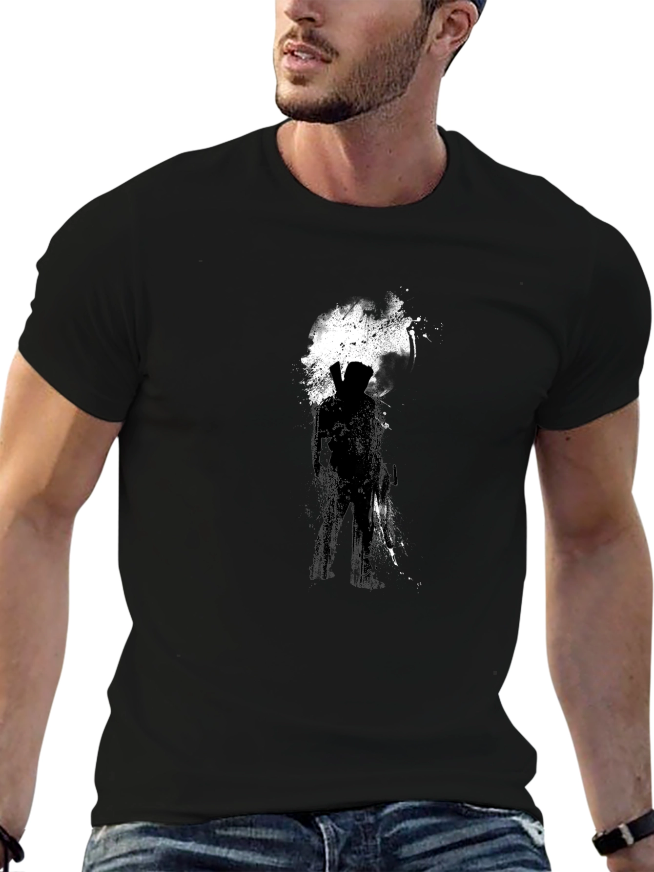Graphic Print Black T-Shirt - Abstract Silhouette Design