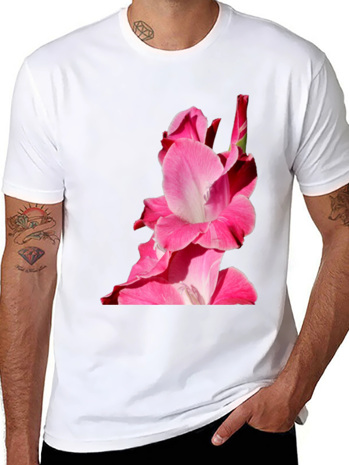 Pink Floral Print Black Tee