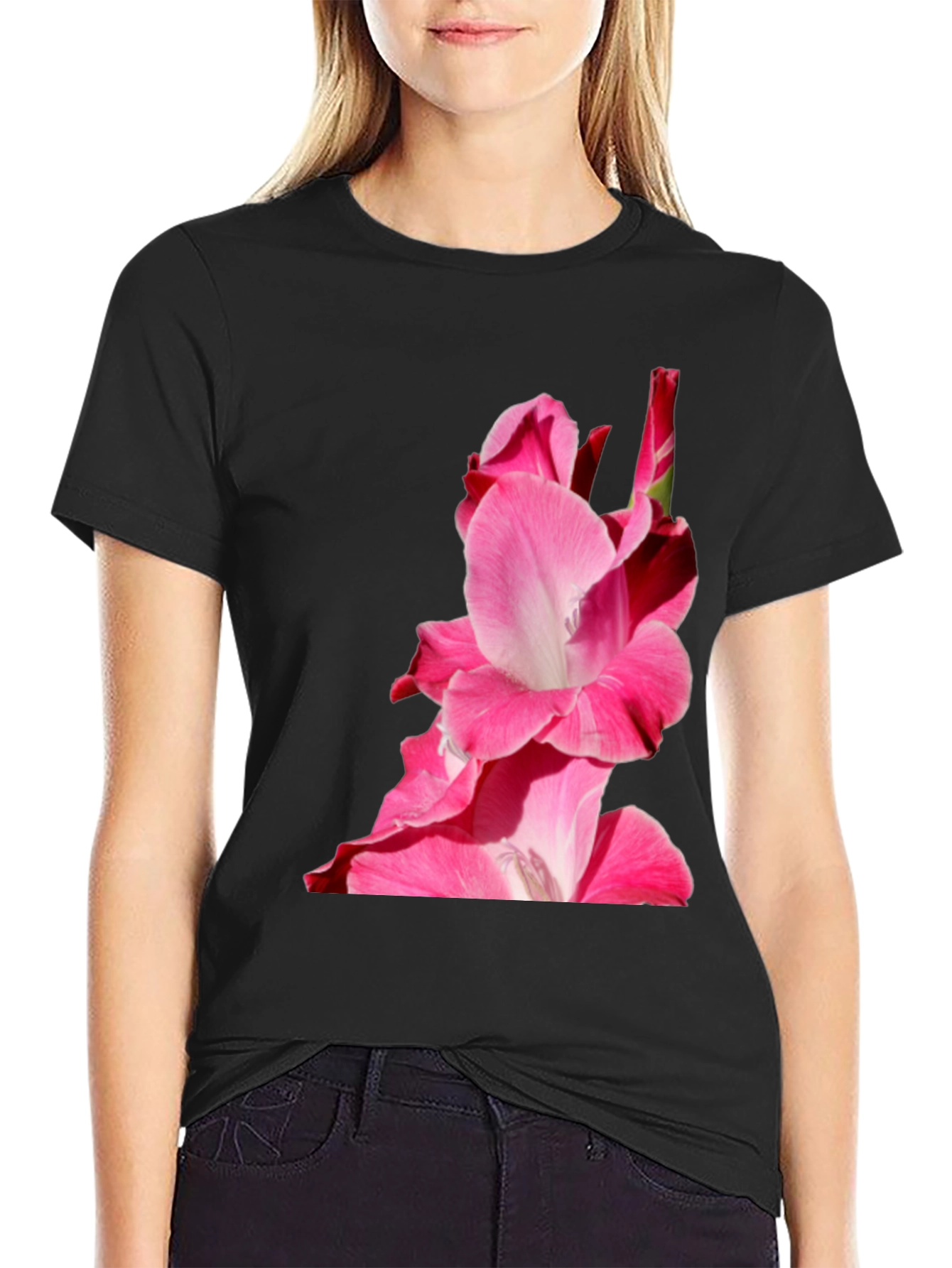 Pink Floral Print Black Tee