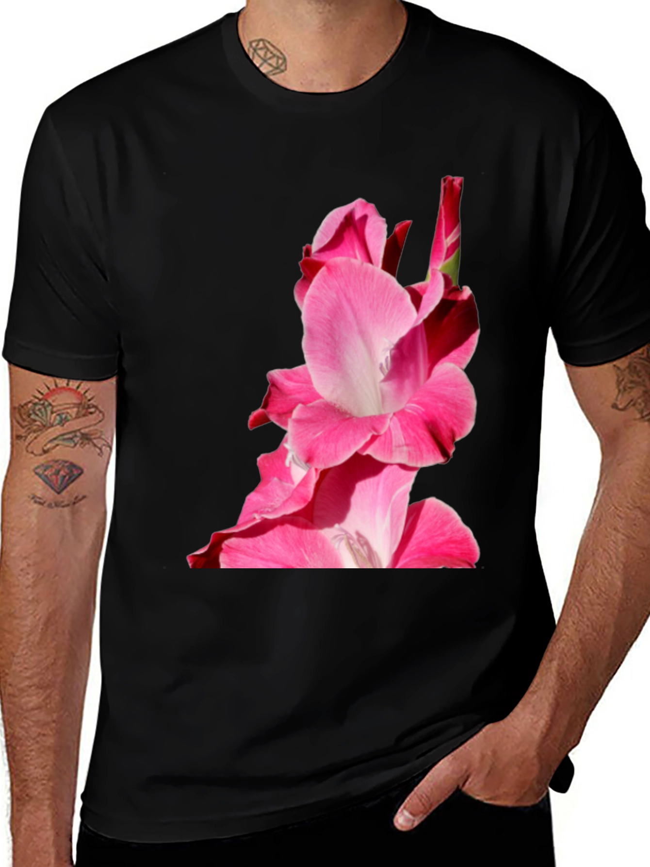 Pink Floral Print Black Tee
