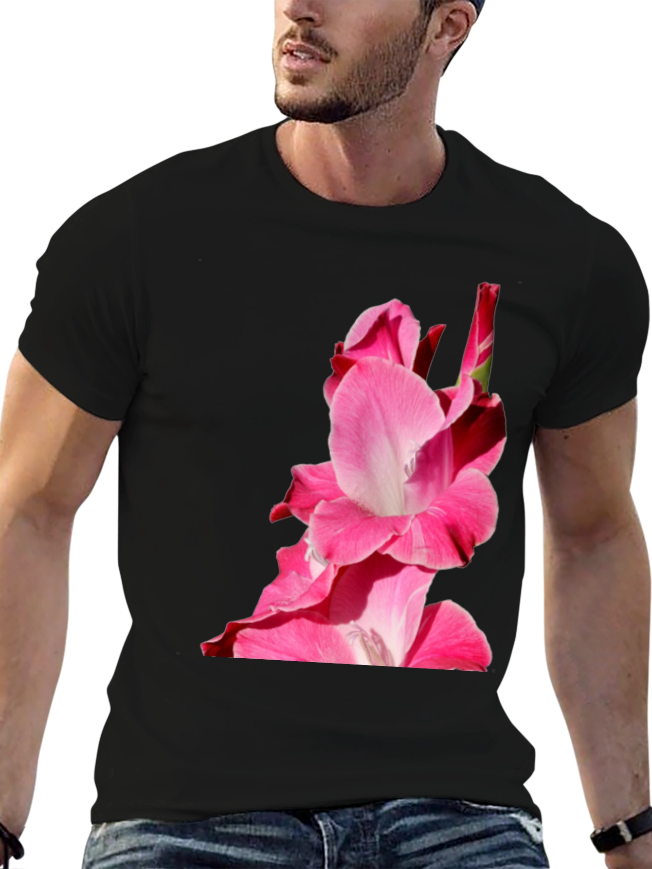Pink Floral Print Black Tee