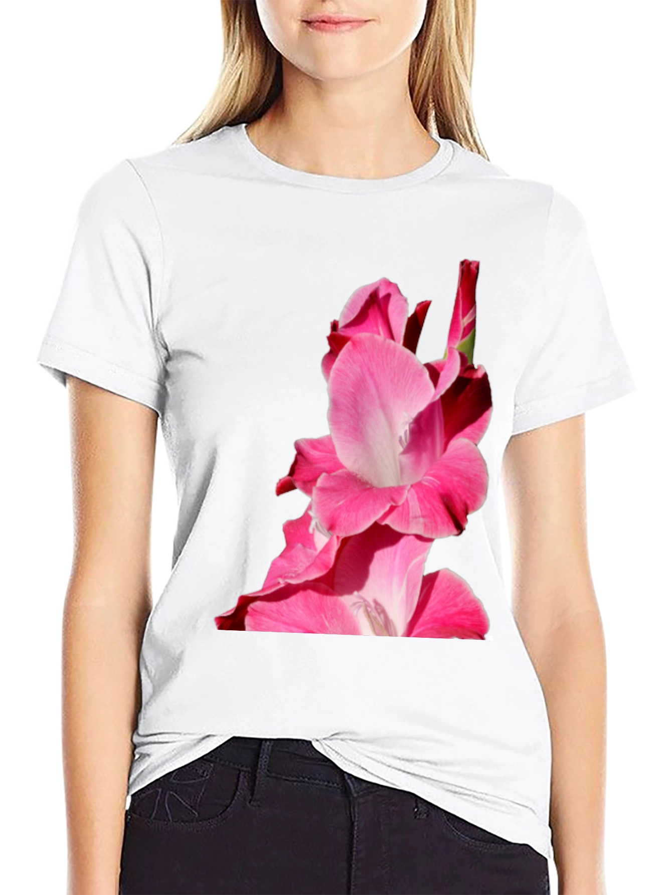 Pink Floral Print Black Tee