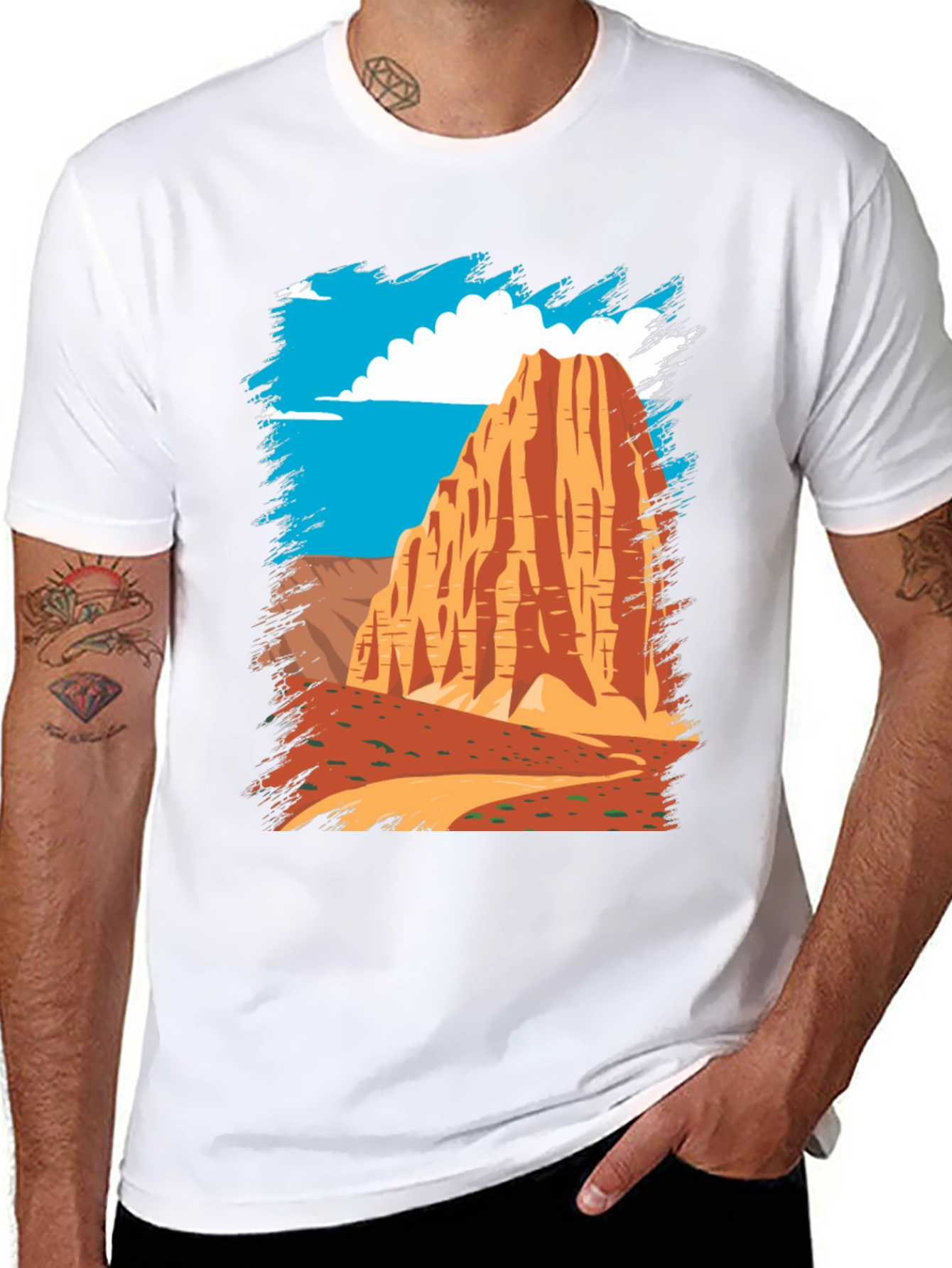 Desert Mountain Graphic Tee - Black Cotton Casual T-Shirt