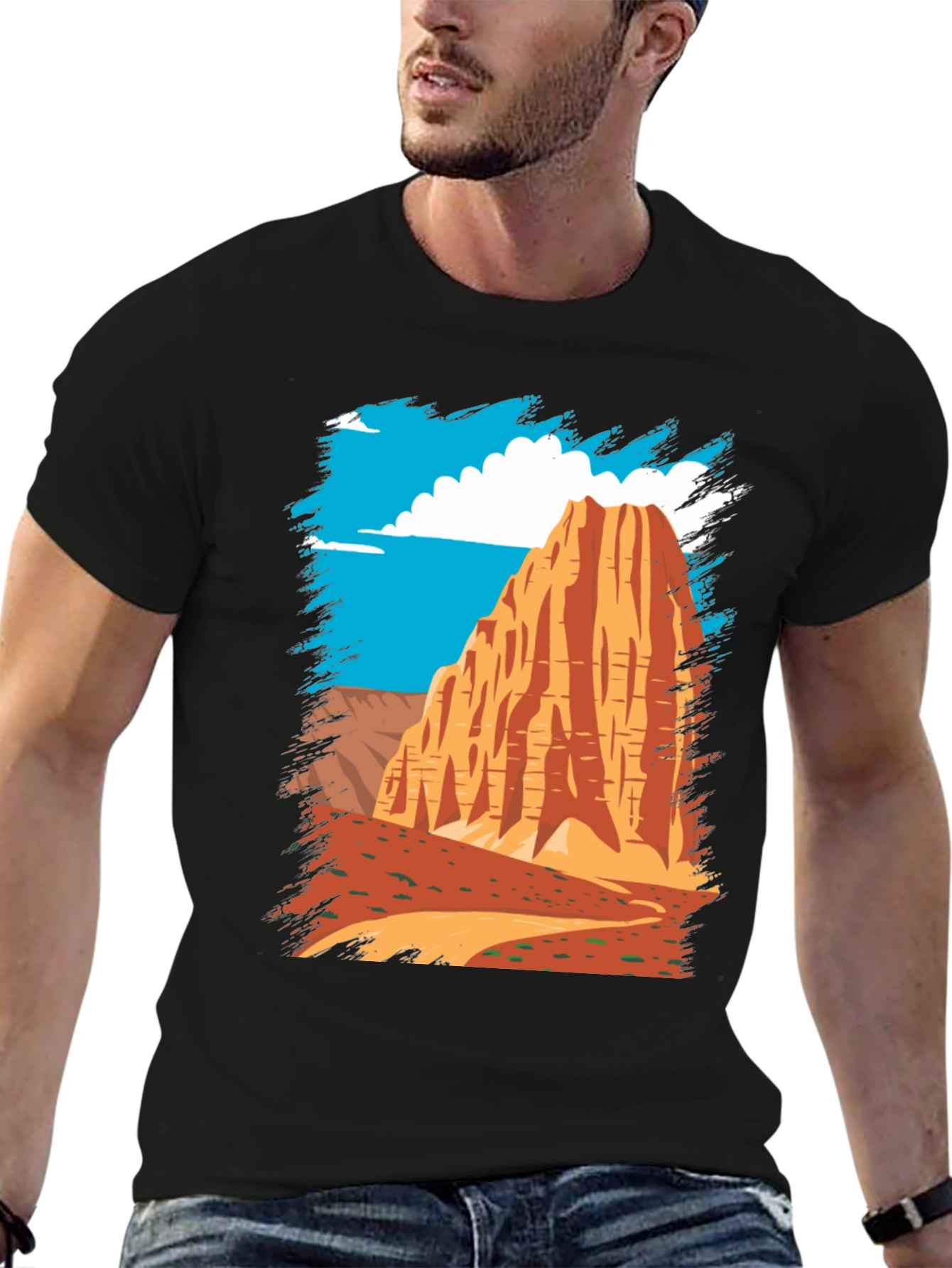 Desert Mountain Graphic Tee - Black Cotton Casual T-Shirt