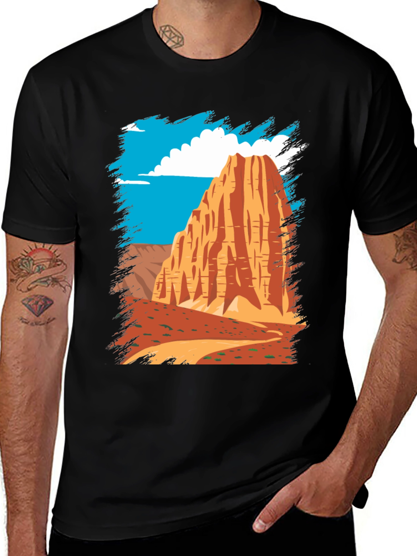 Desert Mountain Graphic Tee - Black Cotton Casual T-Shirt