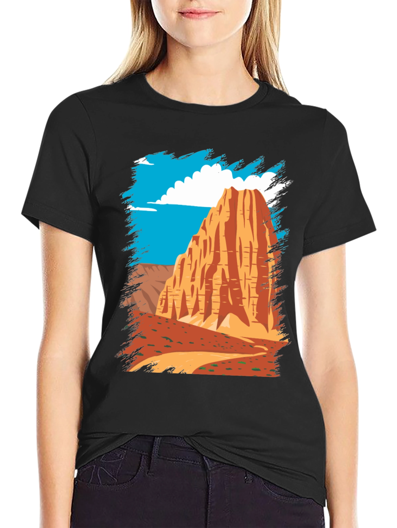 Desert Mountain Graphic Tee - Black Cotton Casual T-Shirt