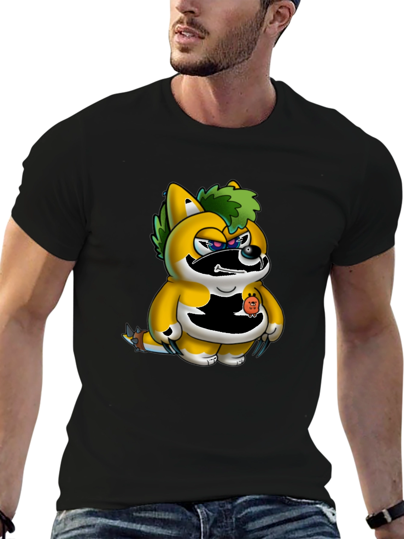 Mens Black T-Shirt with Unique Cartoon Print