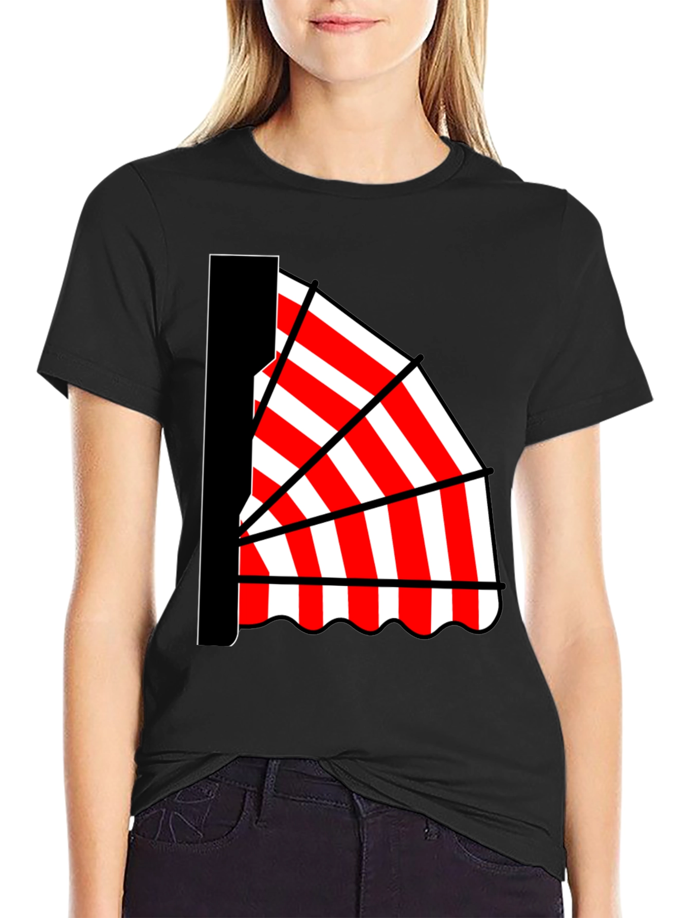 Striped Awning Graphic Tee - Novelty Design Casual Wear