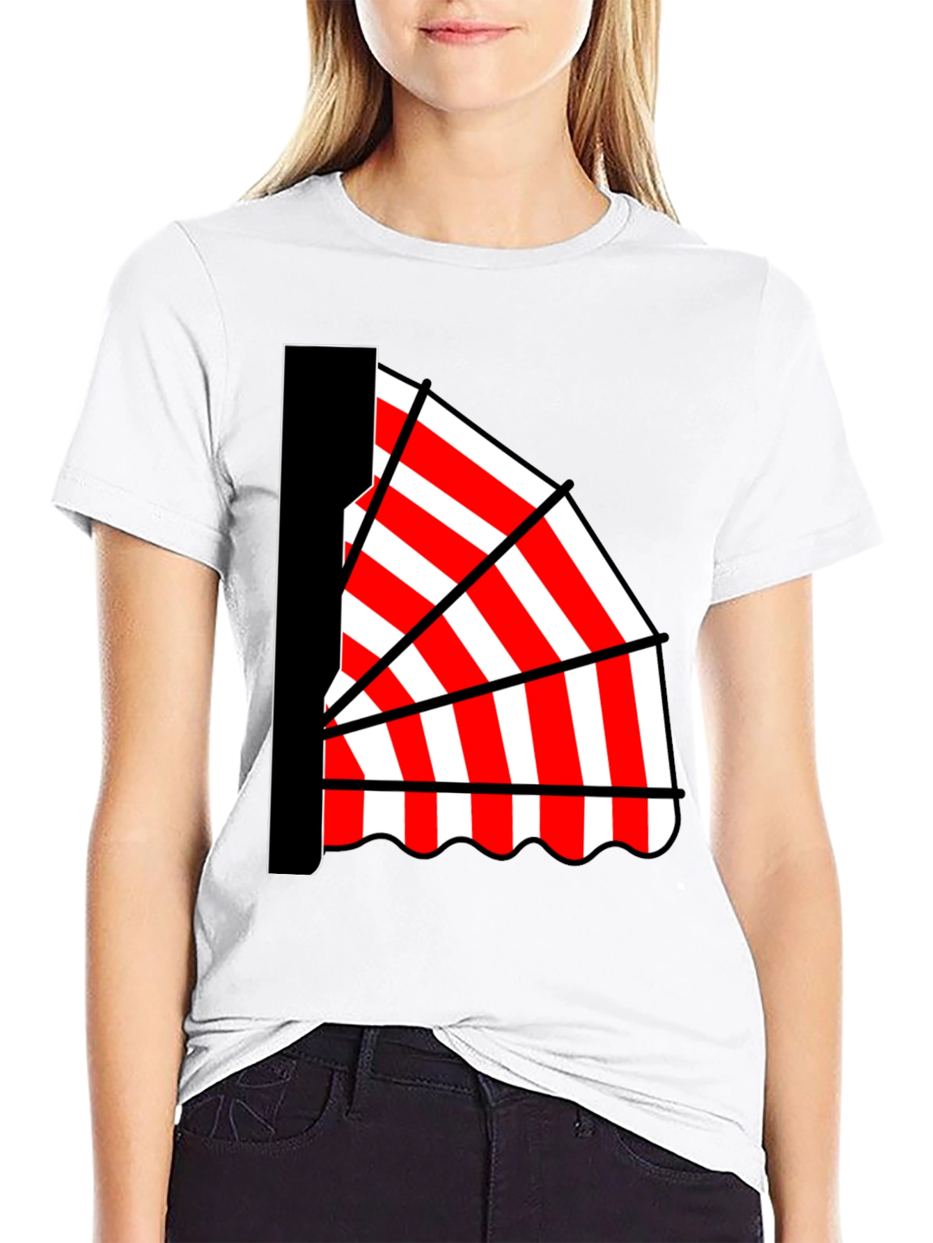 Striped Awning Graphic Tee - Novelty Design Casual Wear