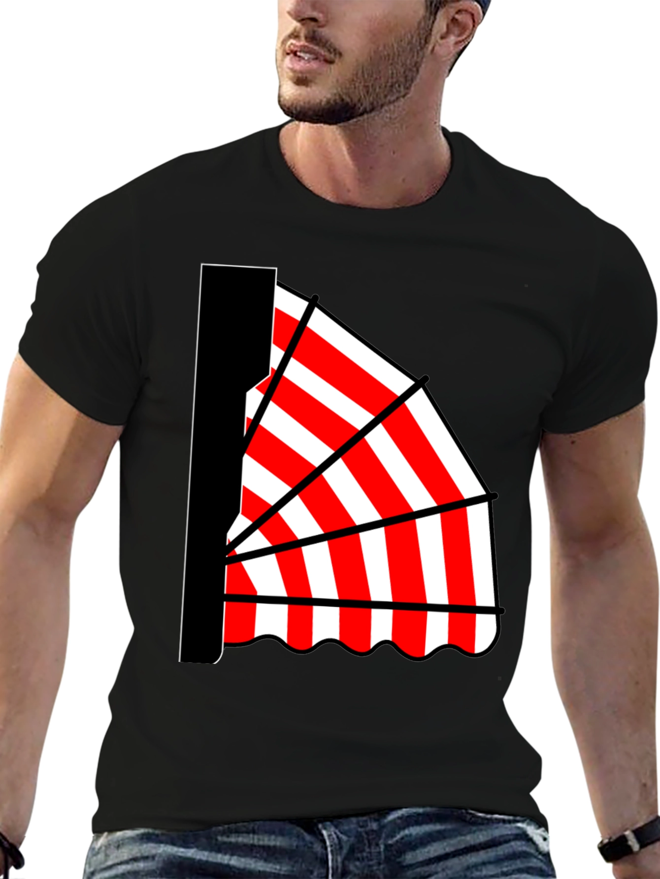 Striped Awning Graphic Tee - Novelty Design Casual Wear