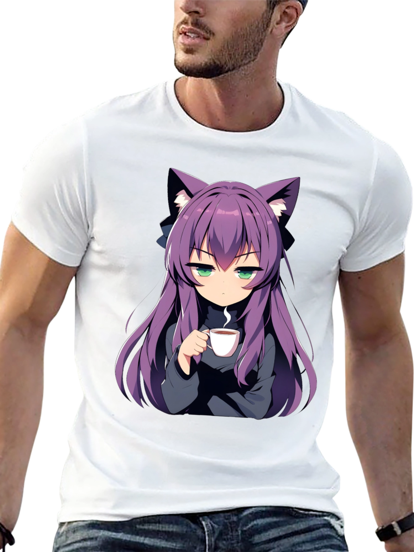 Anime Girl Cat Ear T-Shirt - Black
