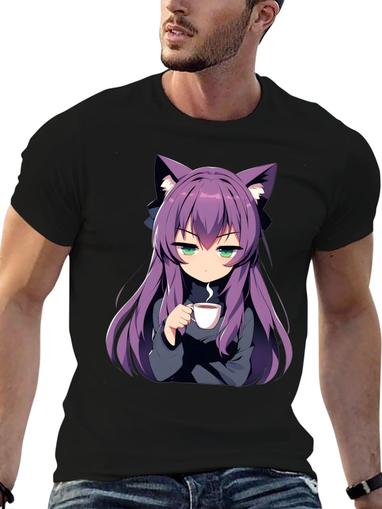 Anime Girl Cat Ear T-Shirt - Black