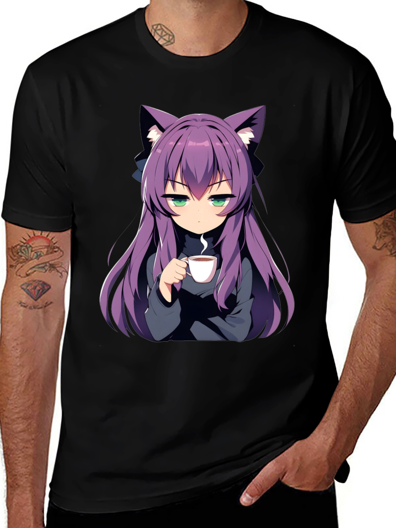 Anime Girl Cat Ear T-Shirt - Black
