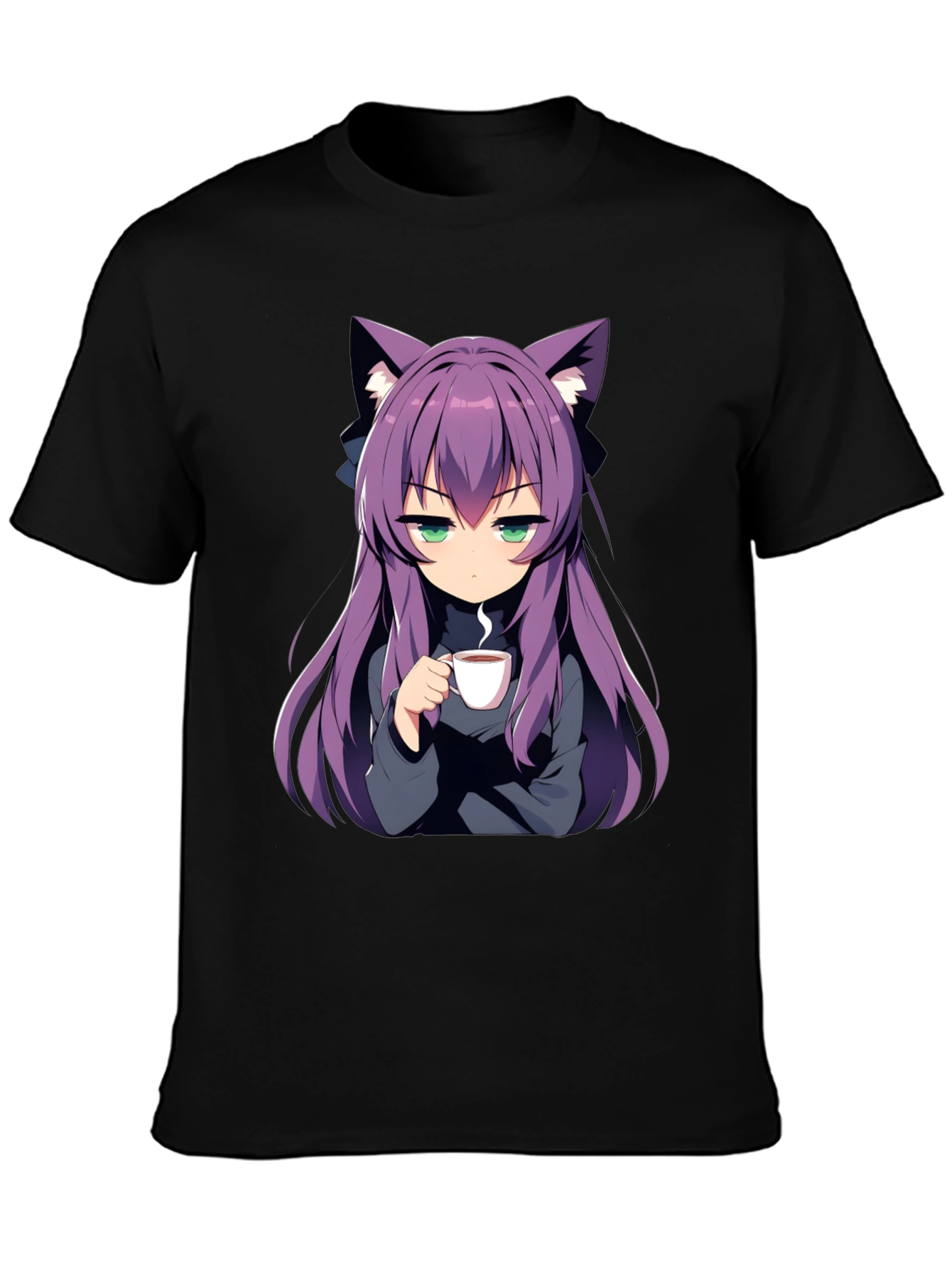 Anime Girl Cat Ear T-Shirt - Black