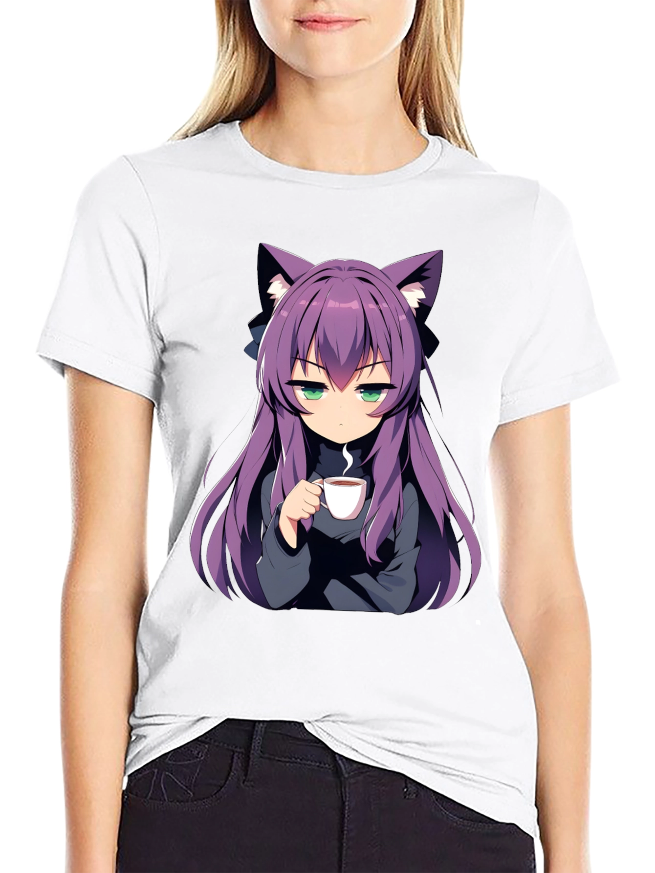 Anime Girl Cat Ear T-Shirt - Black