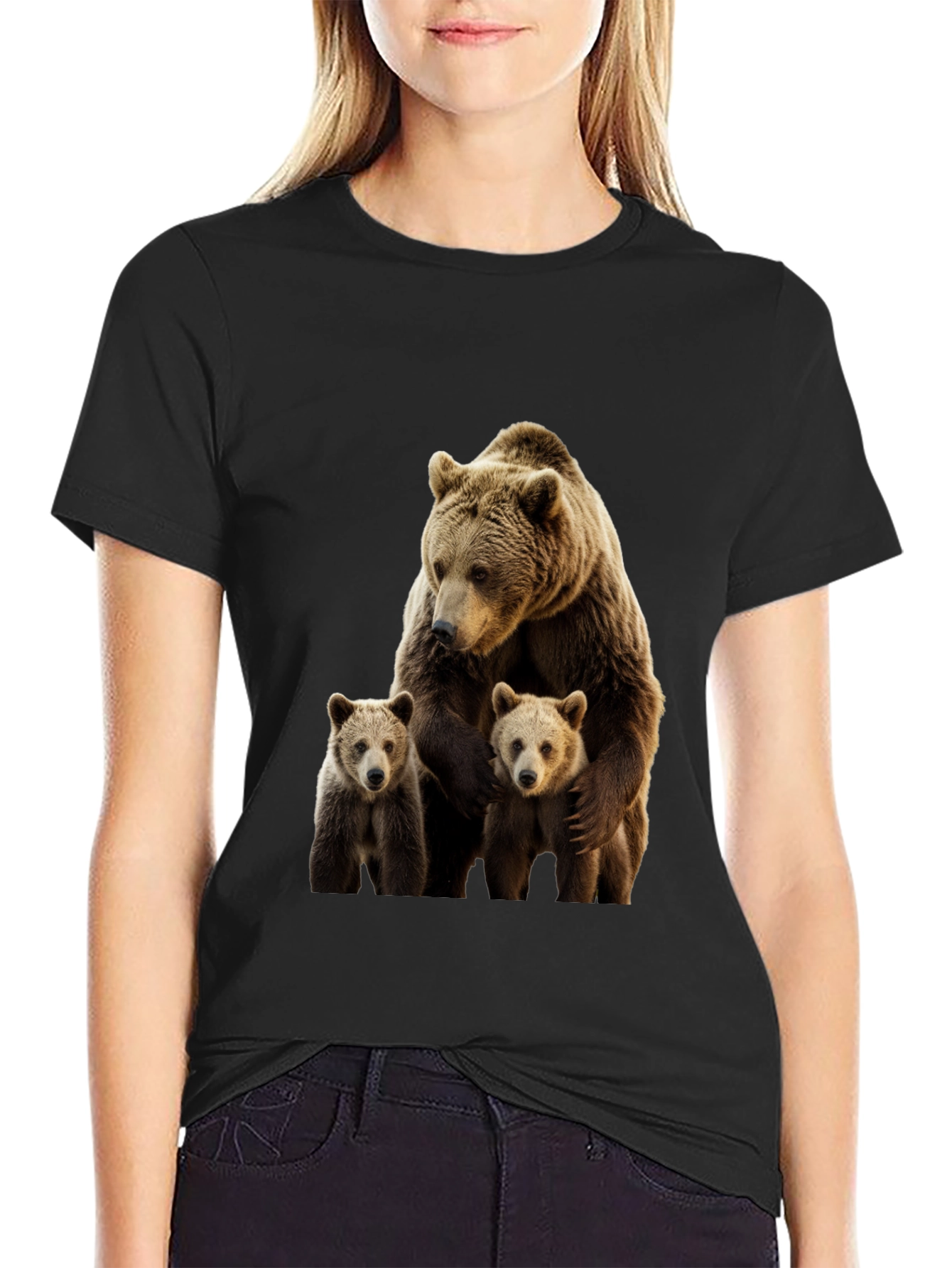 Bear Family Graphic Print Crew Neck T-Shirt