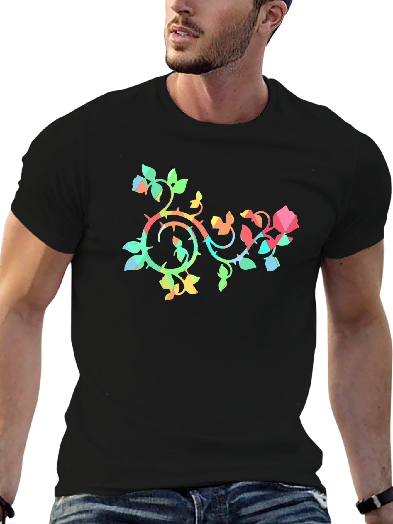 Geometric Rose Vine Black T-Shirt