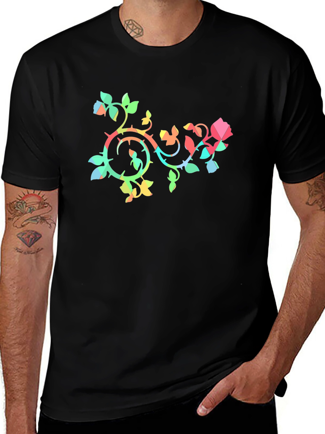 Geometric Rose Vine Black T-Shirt