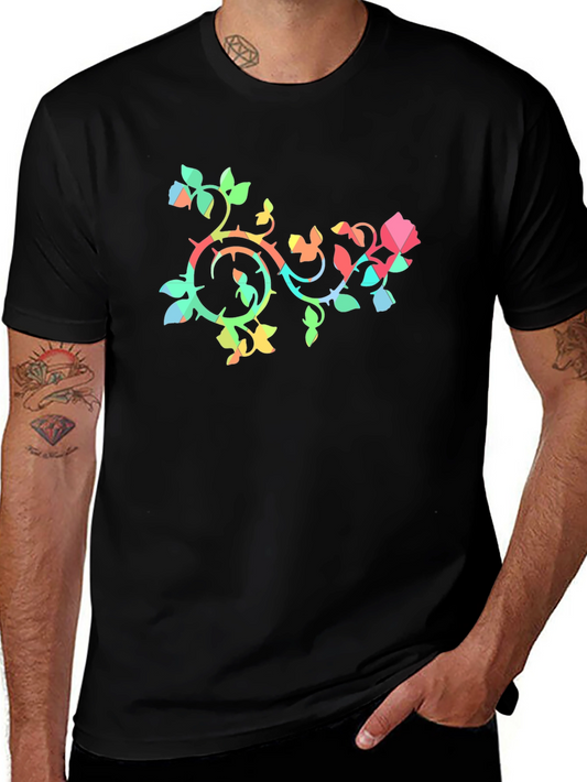 Geometric Rose Vine Black T-Shirt