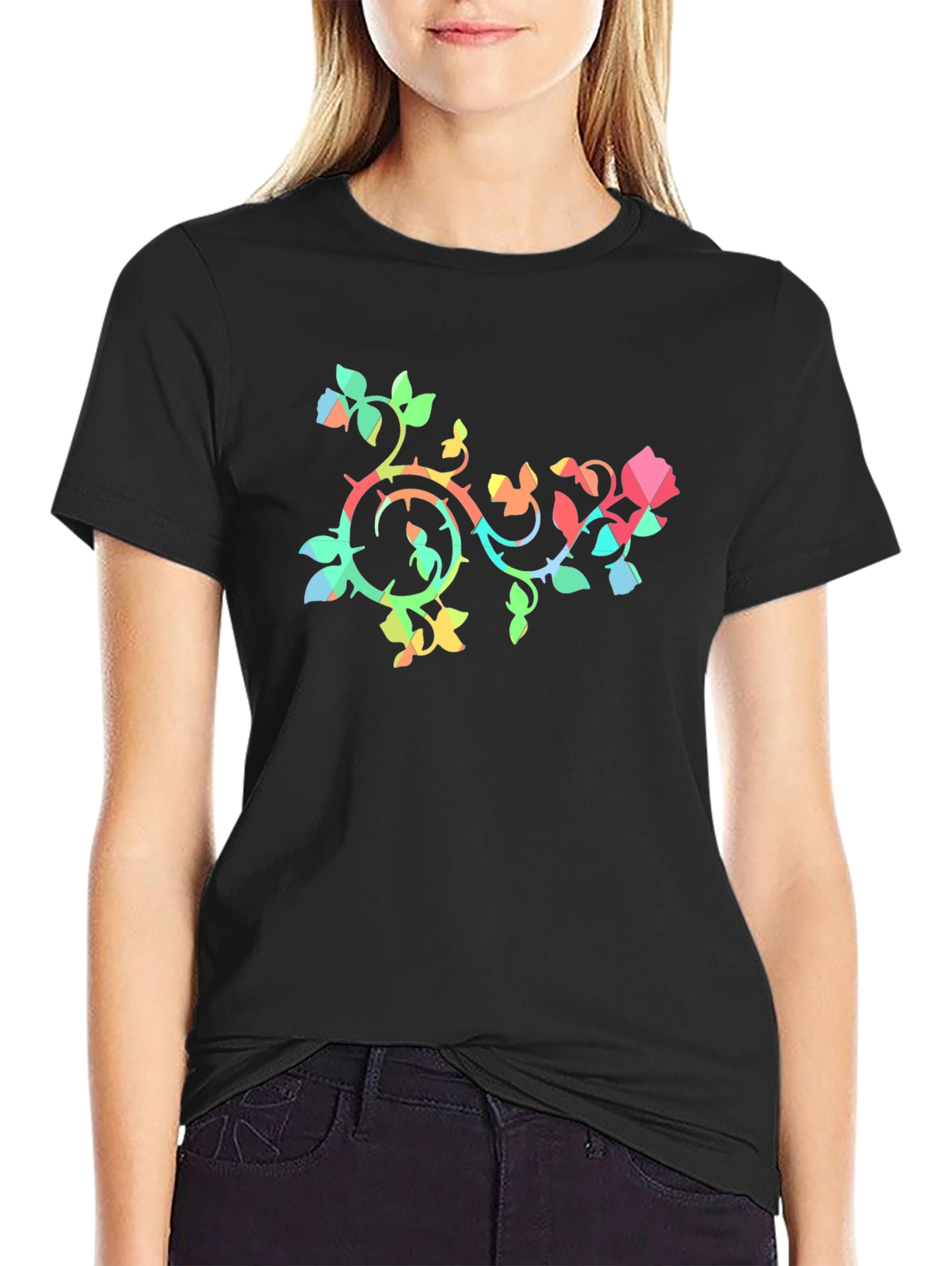 Geometric Rose Vine Black T-Shirt