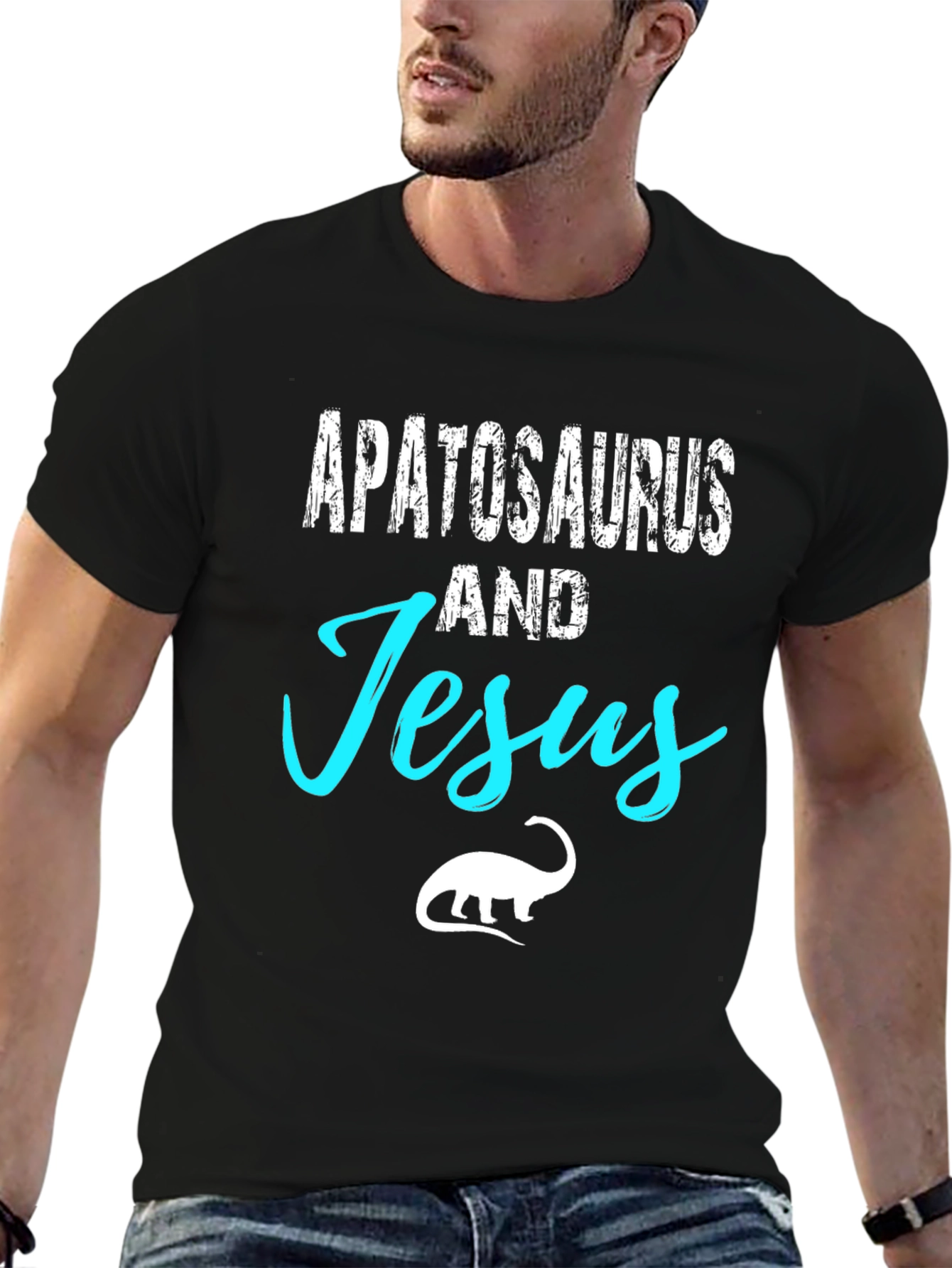 Apatosaurus and Jesus Black Graphic T-Shirt