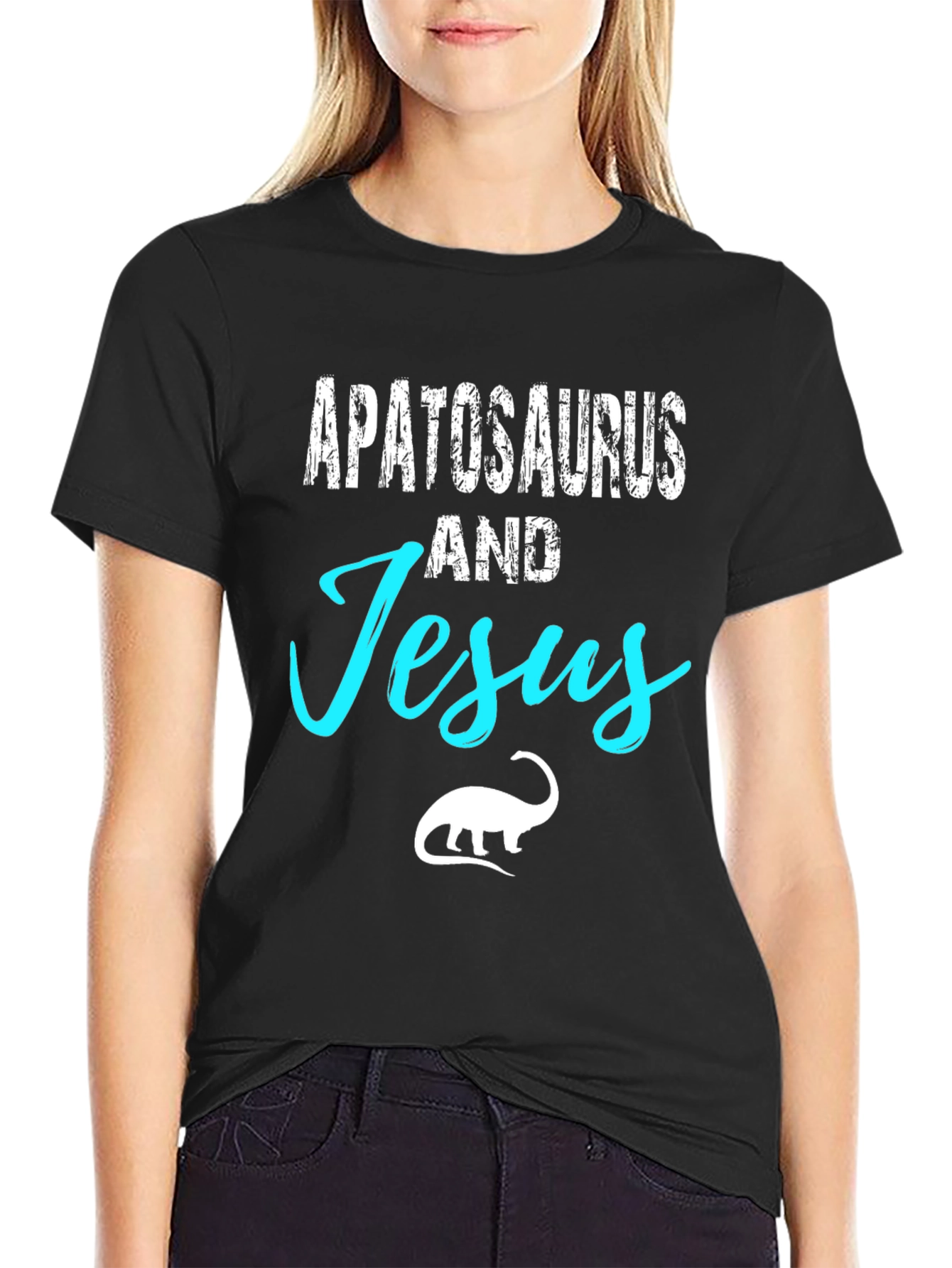 Apatosaurus and Jesus Black Graphic T-Shirt