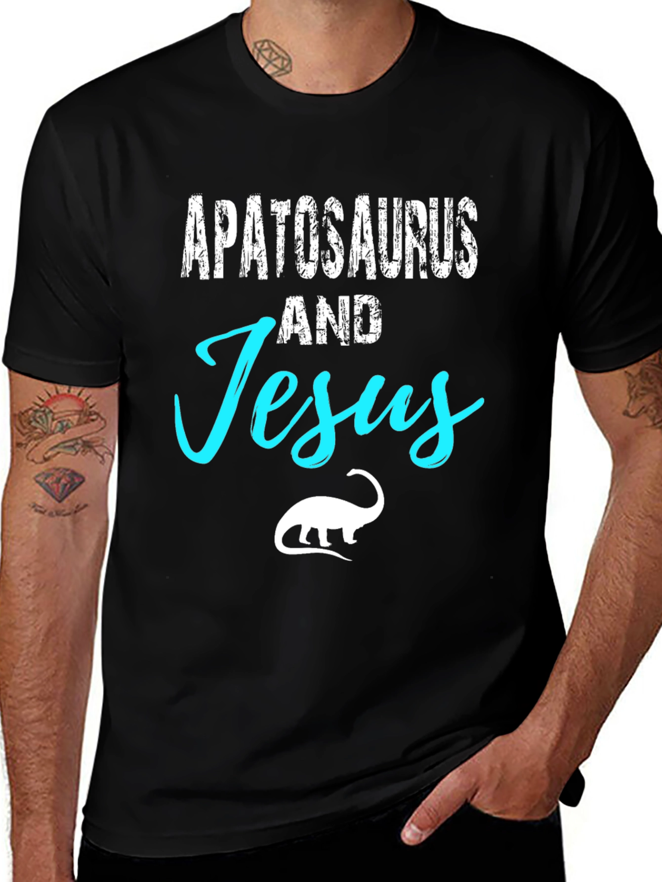 Apatosaurus and Jesus Black Graphic T-Shirt