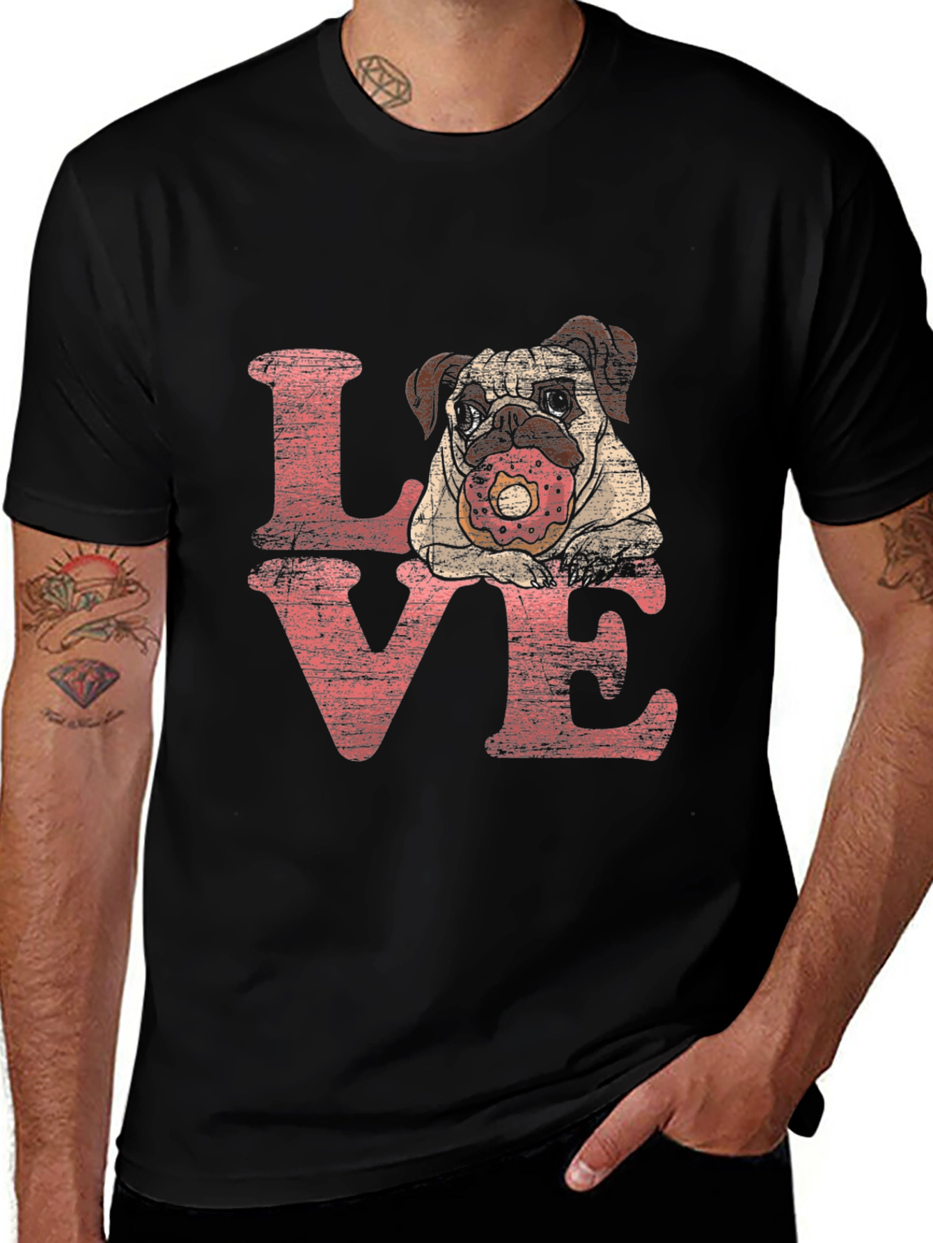 Pug Love Donut Graphic Black T-Shirt