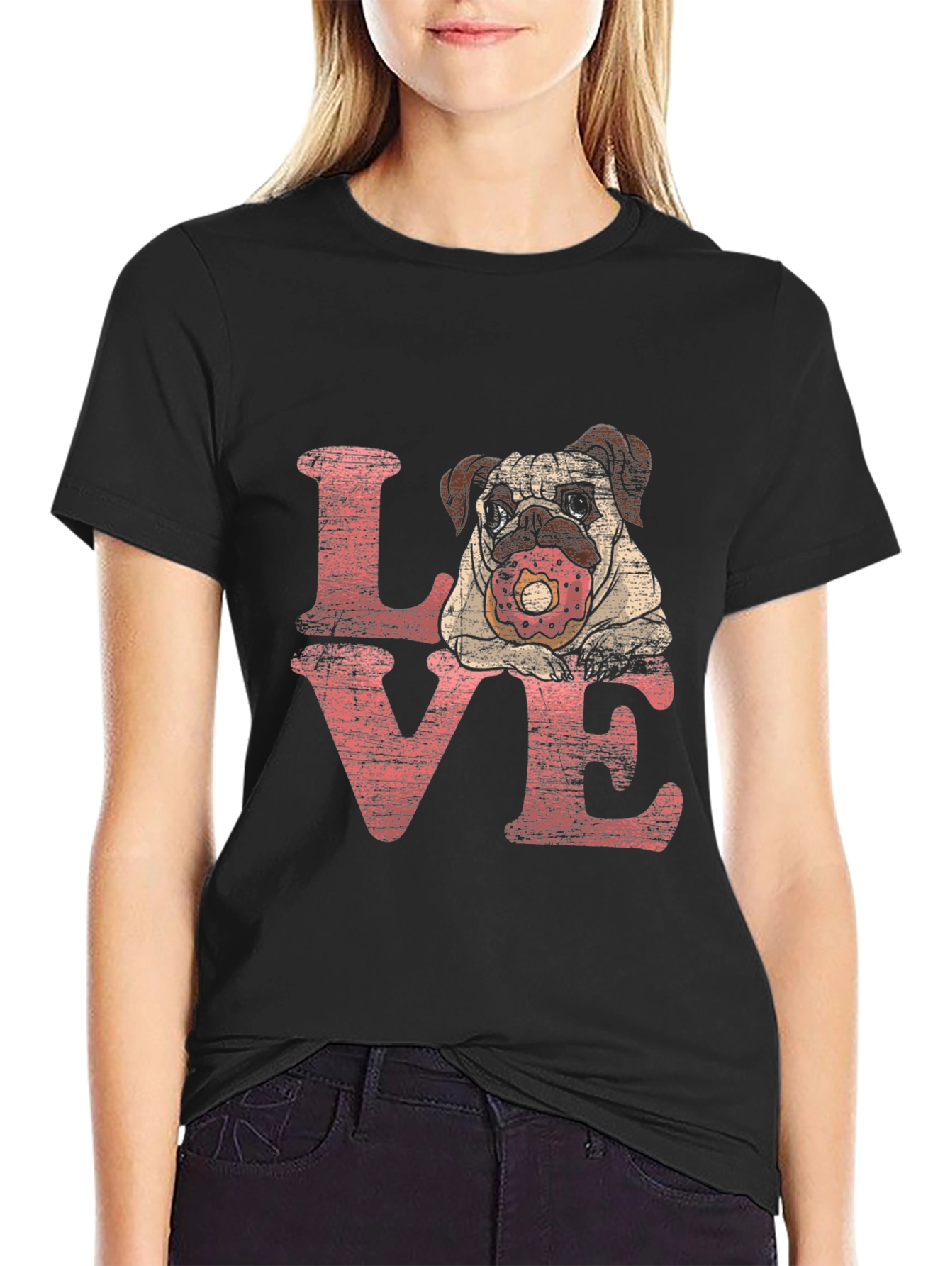 Pug Love Donut Graphic Black T-Shirt