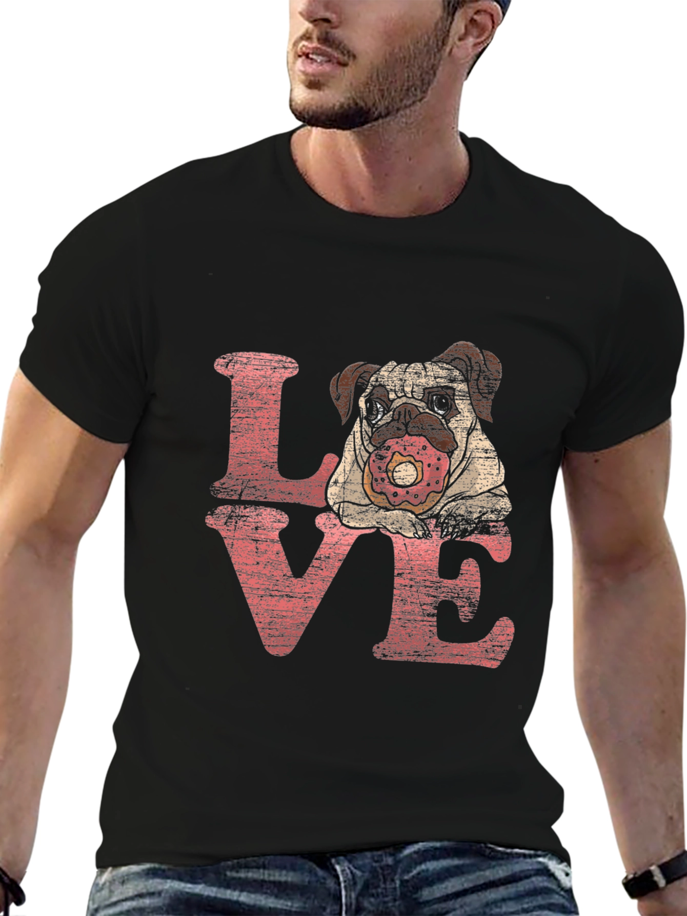 Pug Love Donut Graphic Black T-Shirt