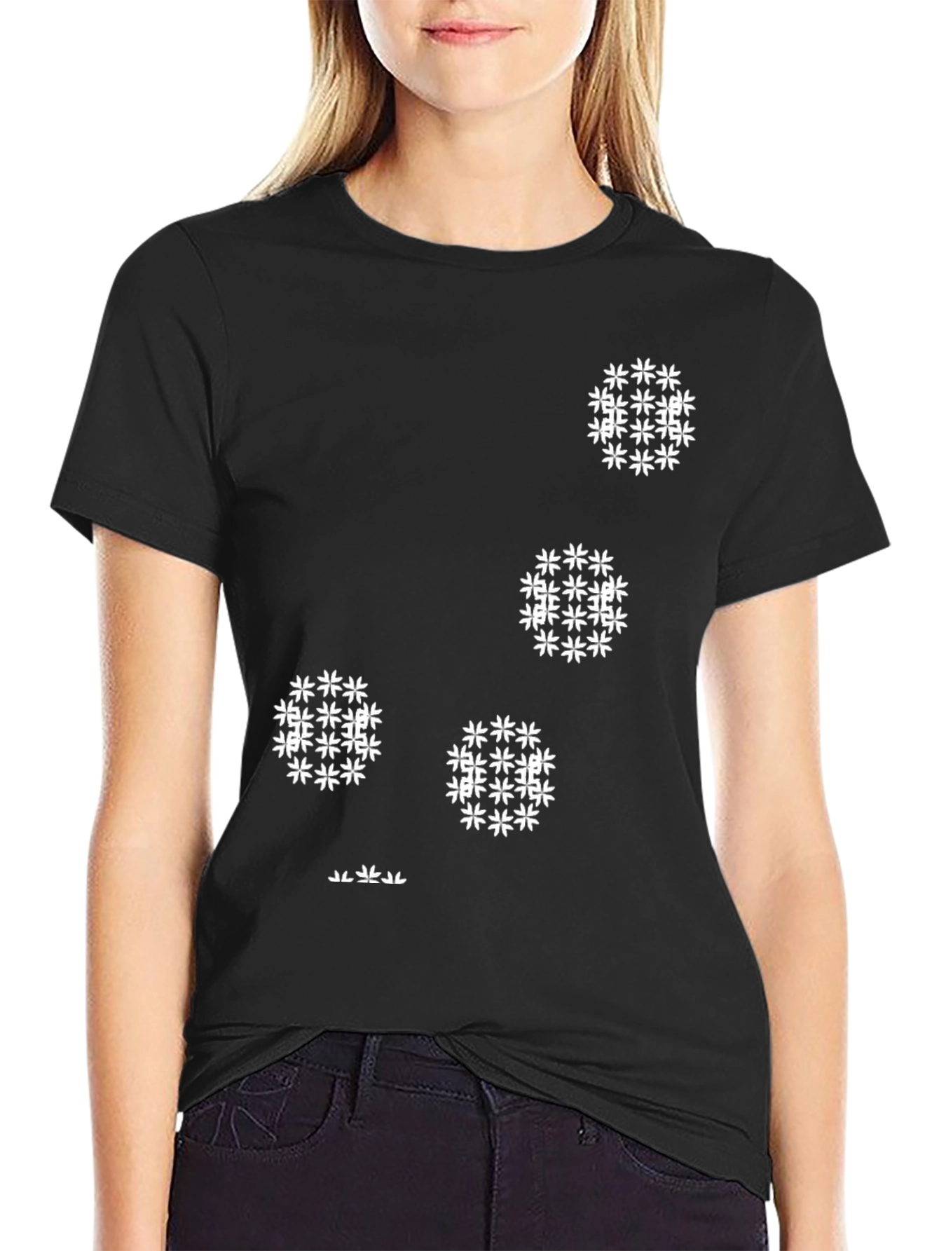 Modern Black T-Shirt with White Floral Pattern