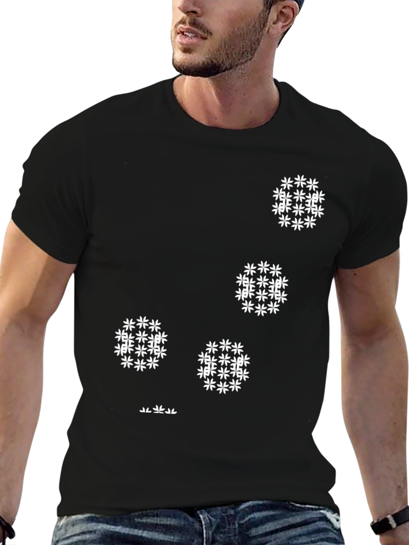 Modern Black T-Shirt with White Floral Pattern