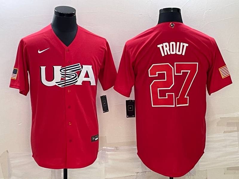Men's 2023 World Baseball Classic #27 Mike Trout USA Red Jerseys