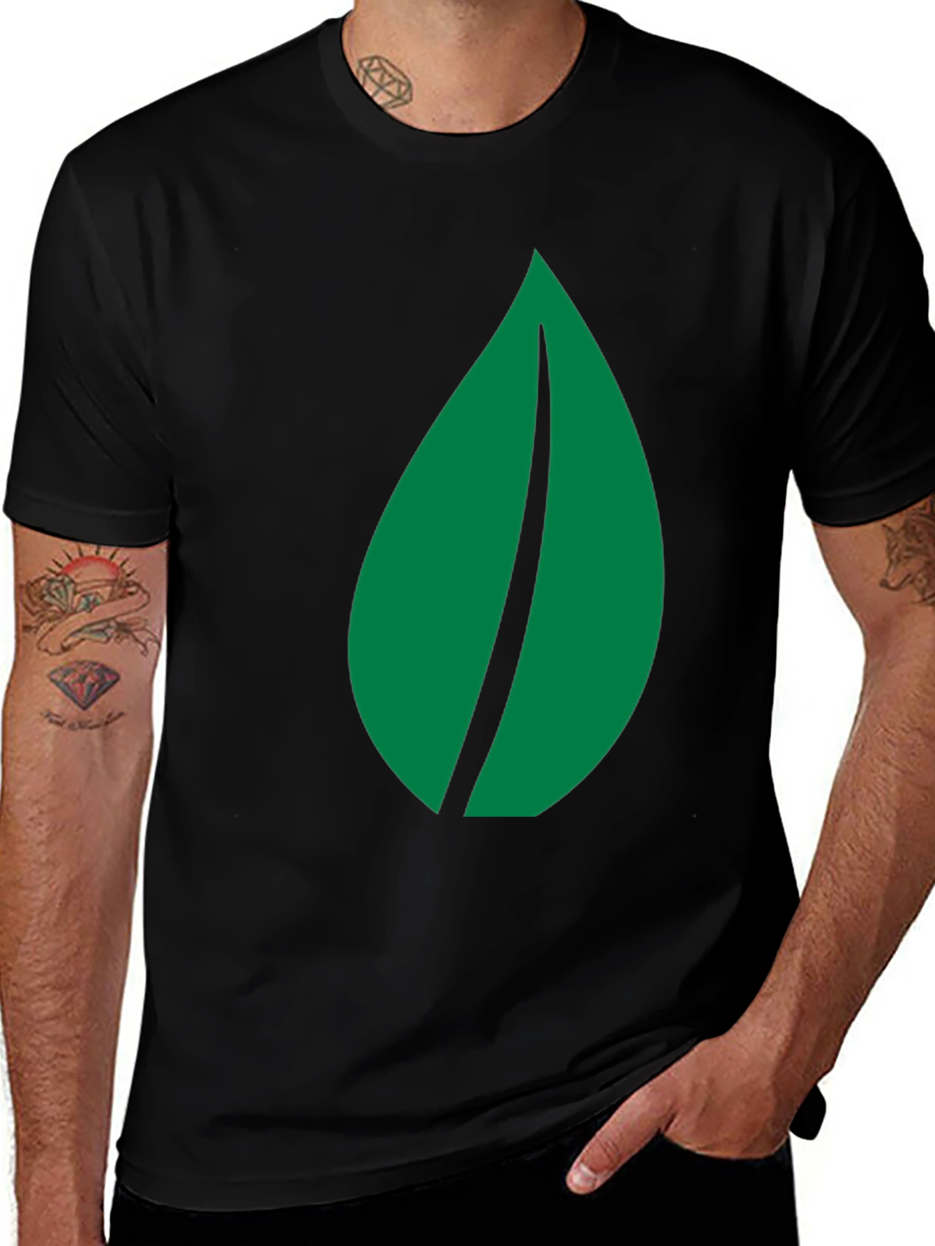Green Leaf Graphic Black T-Shirt